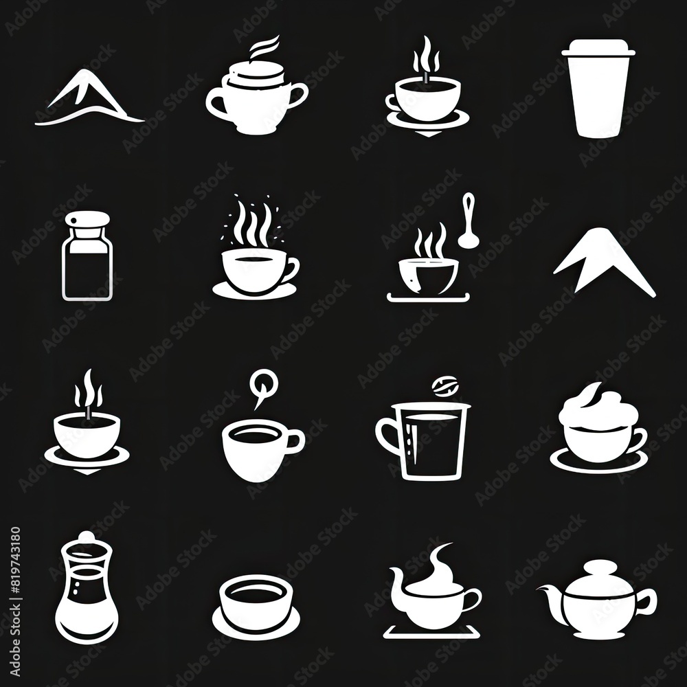 Collection of white coffee icons on black background, including various coffee cups, pots, and related items. Collection of white coffee icons on black background, including various coffee cups, pots, and related items.