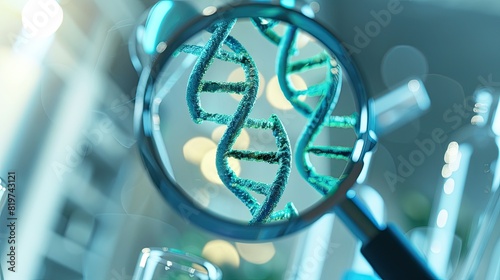 Close-up of magnifying glass examining DNA strands in a laboratory setting, symbolizing genetic research and biotechnology advancements. photo