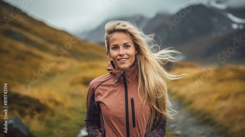 Adventurous Woman Exuding Joy and Vitality in the Rugged Landscape