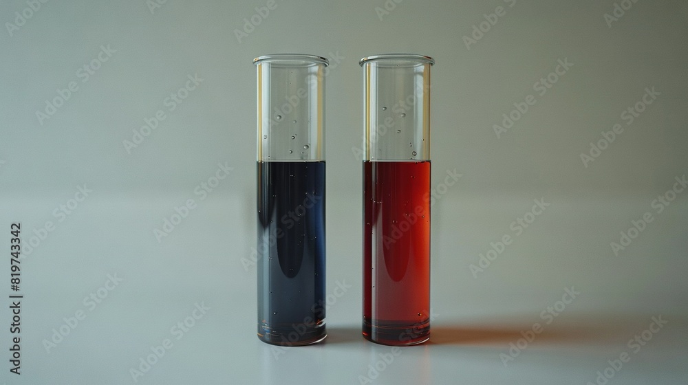 A pair of red- and blue-filled test tubes sit on a white table top, casting a dark shadow on the floor below A pair of red- and blue-filled test tubes sit on a white table top, casting a dark shadow on the floor below