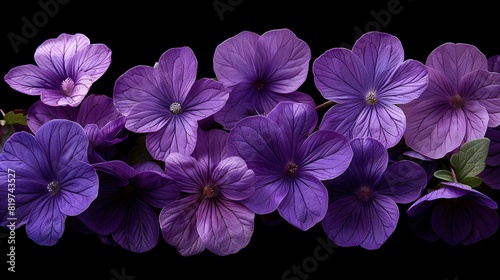  A cluster of purple blossoms against a green foliage background on a black canvas