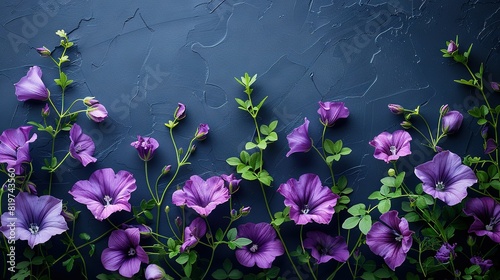  Purple flowers adorn a blue wall, with lush green foliage atop and beneath the stems