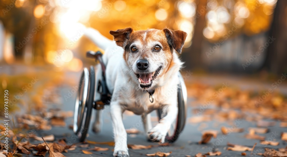 Happy dog on wheelchair enjoying a walk in the park during autumn with vibrant colored leaves and a joyful expression. Happy dog on wheelchair enjoying a walk in the park during autumn with vibrant colored leaves and a joyful expression.
