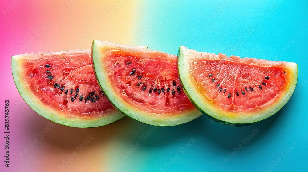 A collection of watermelon wedges resting atop a blue-pink counter surface alongside one another A collection of watermelon wedges resting atop a blue-pink counter surface alongside one another