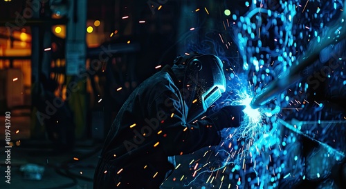 Industrial welder at work in a dimly lit workshop. Sparks flying from the welding process under a protective helmet. photo