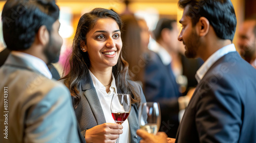 Successful business people drink wine and champagne with team members in ball room to celebrate business project to launch new product to market. Corporate business and people networking concept.