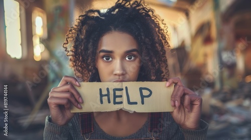 Young Woman Holding HELP Sign photo