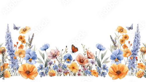 Watercolor Wildflowers with butterfly clipart in pastel color