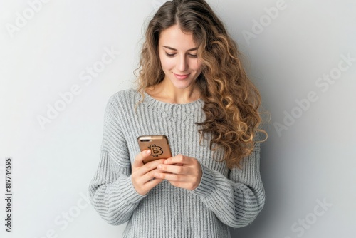 A young woman with long curly hair uses her smartphone to make a Bitcoin payment, dressed in a cozy grey sweater and standing against a neutral background.