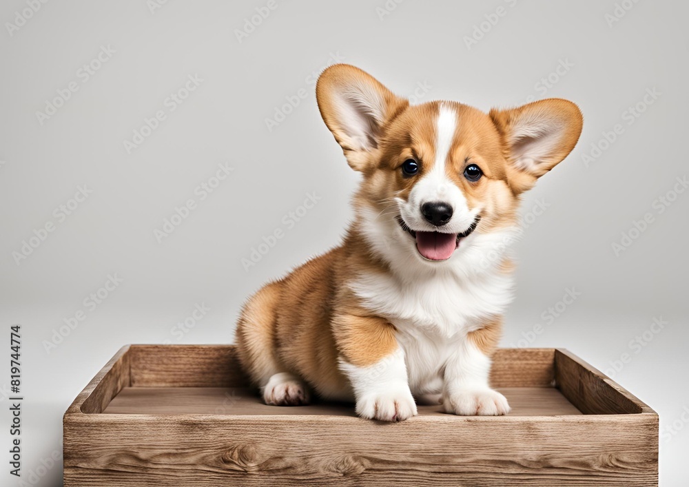 A cheerful 14-week-old Welsh Corgi puppy sits isolated on white. The dog winks and pants happily. A cheerful 14-week-old Welsh Corgi puppy sits isolated on white. The dog winks and pants happily.