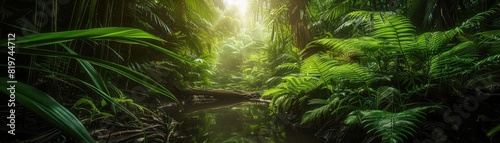 A lush tropical jungle at morning, with sunlight piercing through green bamboo and ferns under towering trees