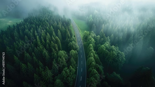 A mysterious road traversing a fogcovered green landscape, with green trees and distant mountain outlines photo