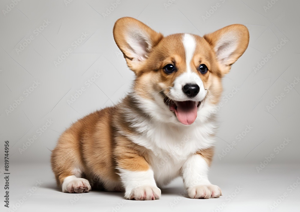 A cheerful 14-week-old Welsh Corgi puppy sits isolated on white. The dog winks and pants happily. A cheerful 14-week-old Welsh Corgi puppy sits isolated on white. The dog winks and pants happily.
