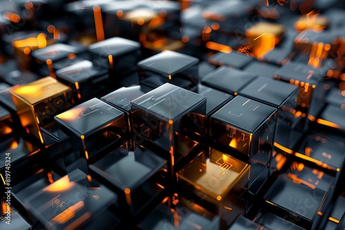 Many black and gold cubes with a yellow light