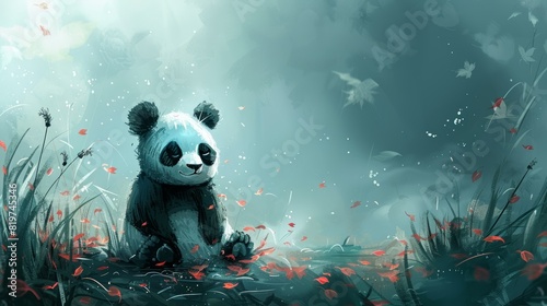 Watercolor panda in bamboo forest. Cartoon scene with cute panda bear in bamboo forest illustration for children.