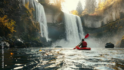 A serene kayaker enjoys solitude in the presence of a majestic waterfall.