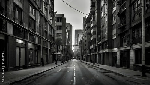 An urban canyon reflects solitude with a lone figure walking down an empty city street in monochrome tones