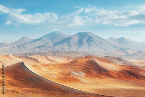 Desert landscape with distant mountain under blue sky