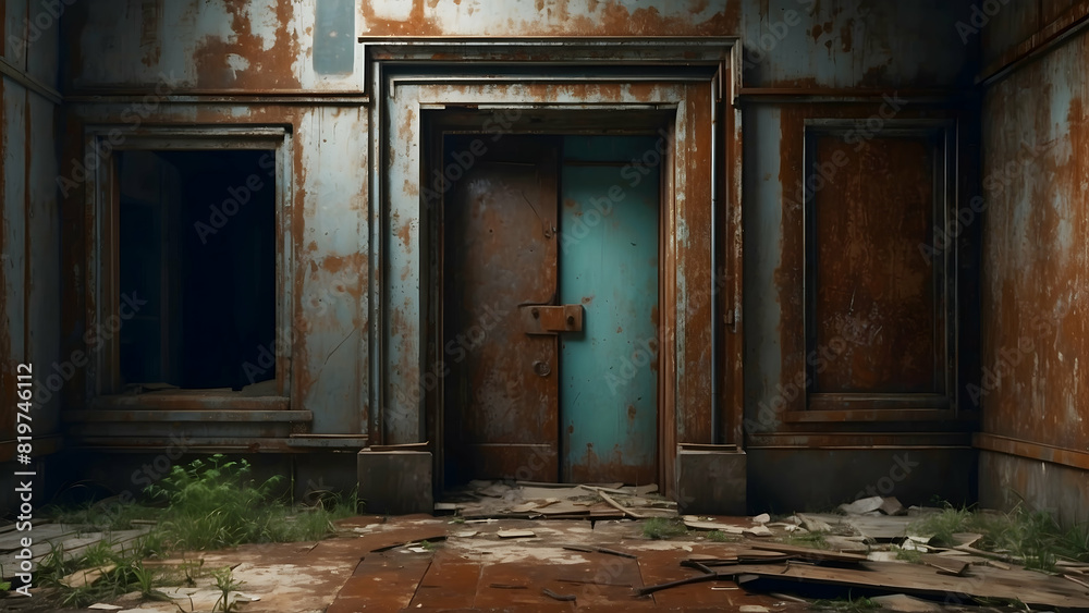 An eerie abandoned interior with rust and decay, centered on a blue door that contrasts with the surroundings
