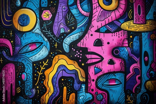 Colorful graffiti artwork adorning a dimly lit wall photo