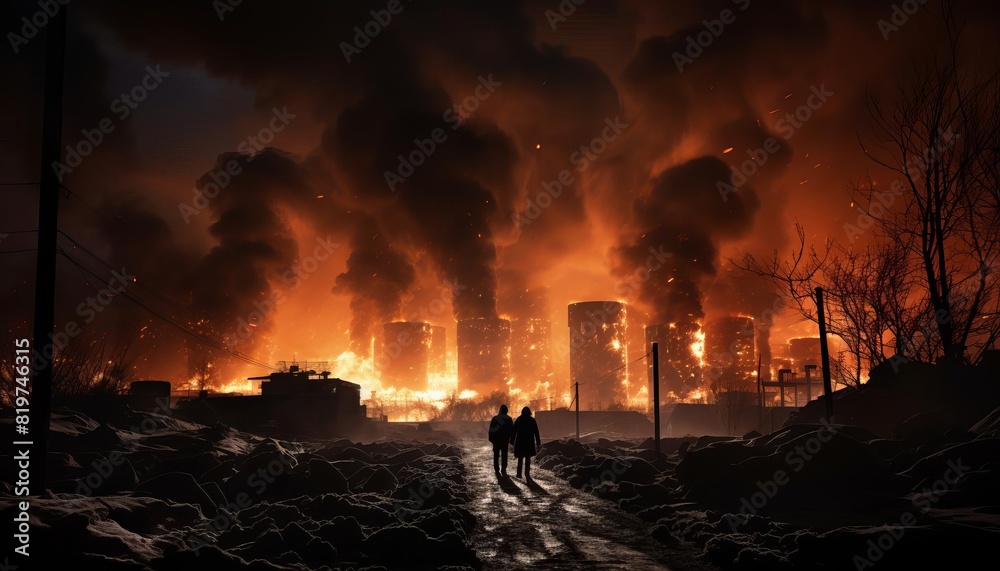 The two men walk away from the burning city.