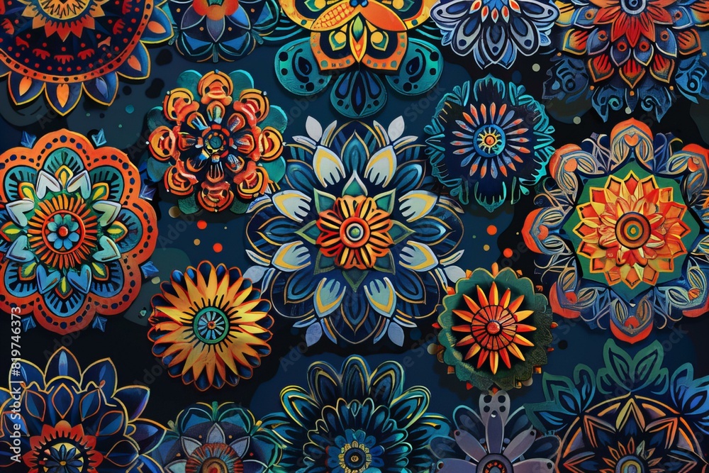Colorful paper flowers stand out against dark background Colorful paper flowers stand out against dark background