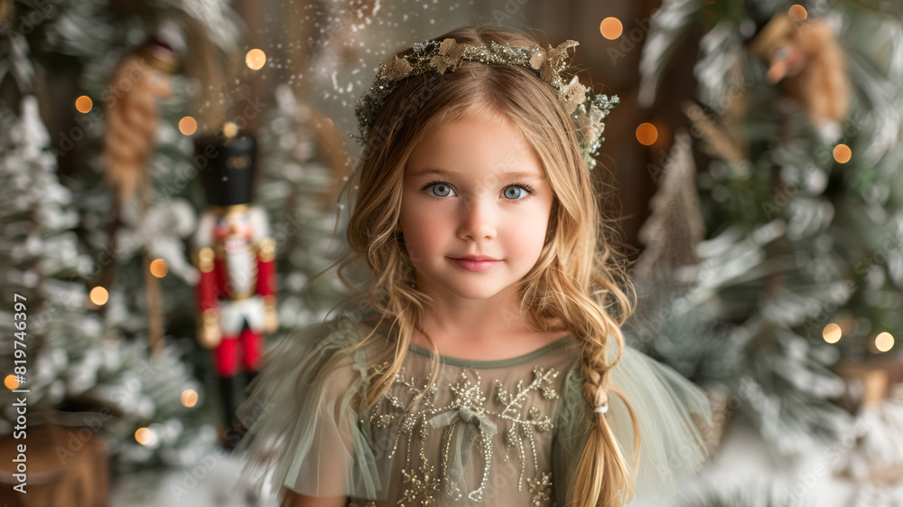 Beautiful blond girl with a wreath on her head stays in the middle of a room decorated for Christmas, nutcracker on background Beautiful blond girl with a wreath on her head stays in the middle of a room decorated for Christmas, nutcracker on background