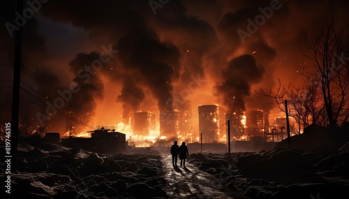The two men walk away from the burning city.