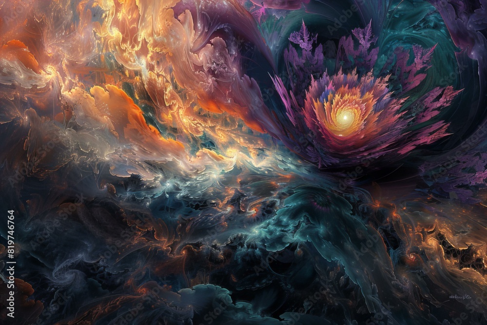 A painting of a flower with a central focus surrounded by clouds A painting of a flower with a central focus surrounded by clouds
