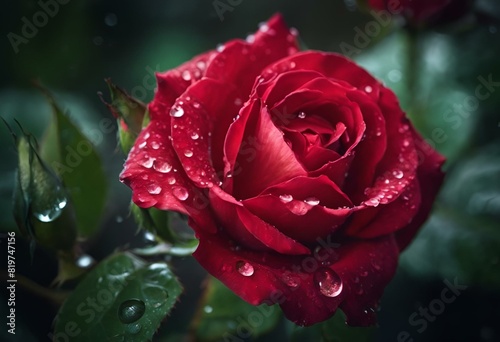 Close-up of red rose adorned with dew drops on petals and leaves  AI-generated.