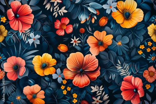 Close-up of vibrant floral design on black surface