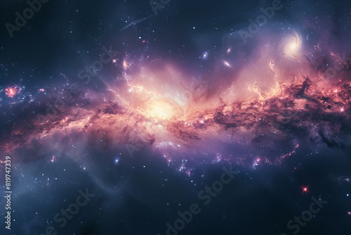 A close up of a galaxy with a bright purple center photo