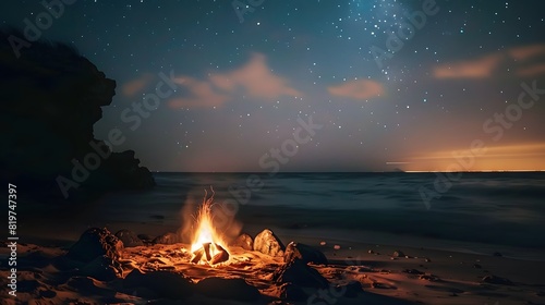 A serene beachfront campfire under a starlit night sky  with waves gently crashing onto the shore  creating a tranquil atmosphere.