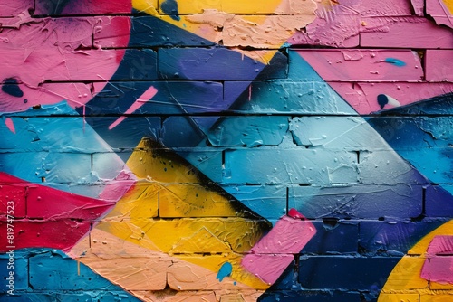 Close up of vibrant graffiti wall beside brick backdrop photo