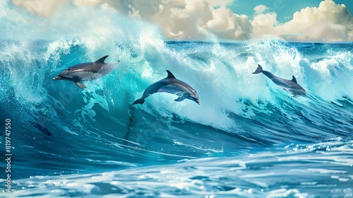 Three dolphins ride the crest of vibrant turquoise ocean waves under a sky filled with fluffy clouds  showcasing their agility and grace.