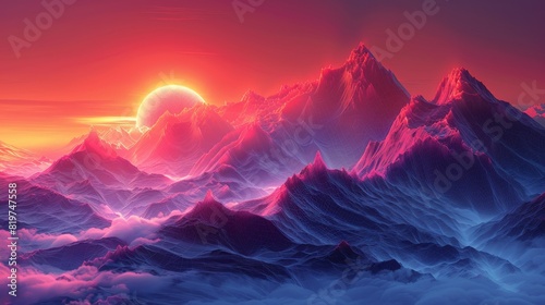 Neon Dreamscape - Futuristic Abstract Digital Painting of Wireframe Mountains and Holographic Sun © Pittaya