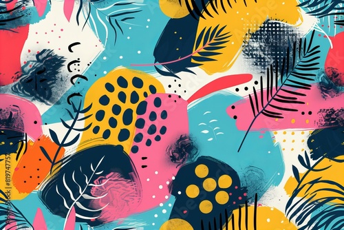 Abstract pattern featuring colorful leaves and dots