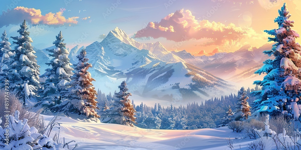 Flat illustration of winter landscape forest and mountain