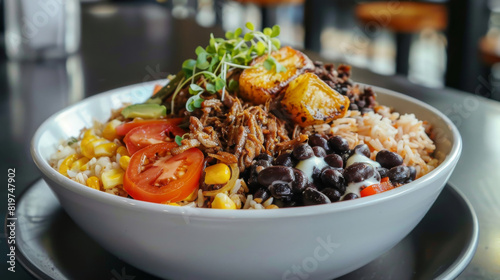 Traditional venezuelan pabellón criollo with shredded beef, black beans, rice, plantains, corn, avocado, and cherry tomatoes in a bowl photo