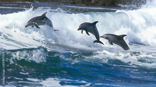 Three dolphins gracefully leap through waves in a stunning ocean scene  showcasing their agility and playful interaction with the water.