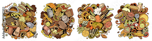 Bakery cartoon vector doodle designs set. Colorful detailed banner with lot of baked goods objects and symbols compositions.