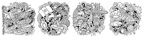 Canada cartoon vector doodle designs set. Sketchy detailed compositions with lot of canadian objects and symbols. Isolated on white illustrations