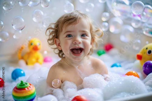Little happy child with blond curly hair playing with soap bubbles in bathtub