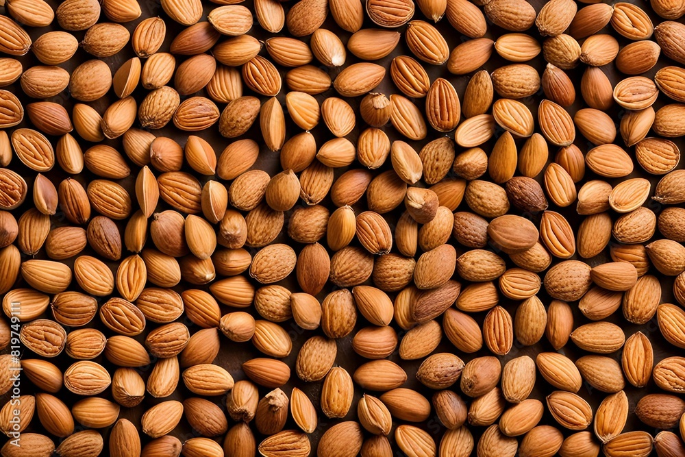 Close up of scattered raw peeled almonds background, earthy tones and texture. ideal for food, nutrition and health. generative ai Close up of scattered raw peeled almonds background, earthy tones and texture. ideal for food, nutrition and health. generative ai