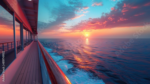A tranquil view from the deck of a cruise ship at dawn, the first light of the day casting a soft, warm glow over the calm ocean