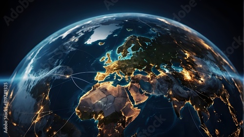 Middle East-centered digital globe, idea of global network and connectedness on Earth, cyber technology and data transfer, information sharing, and international telecommunication