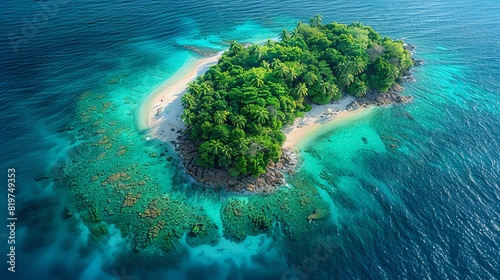 A tropical island, vibrant coral reefs with intricate patterns, surrounded by crystal clear turquoise water