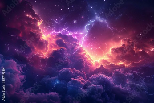Purple-blue sky with lightning, stars, and clouds photo