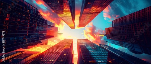 Towering Skyscrapers Silhouetted Against a Blazing Sunset Sky A Bold Cinematic Urban Landscape