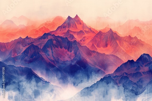 A painting of mountains under a sky